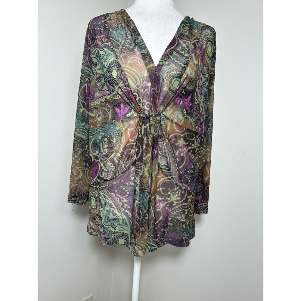August Silk Y2K Babydoll Long Sleeve Sheer Top Sz‎ L Boho Paisley Fairy
